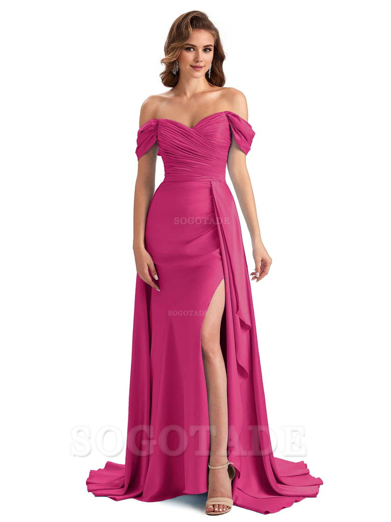 Sexy Side Slit Mermaid Soft Satin Off The Shoulder Long Unique Bridesmaid Dresses prom dress in store