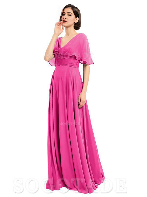  V-Neck Cap Sleeves Sleeves Chiffon Long Elegant Bridesmaid Dresses Formal Wear Dresses