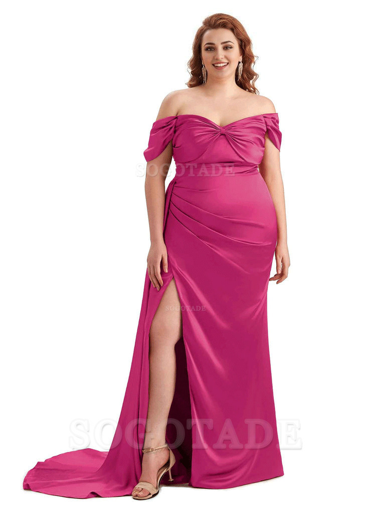  Sexy Side Slit Off The Shoulder Mermaid Soft Satin Long Plus Size Bridesmaid Dress For Wedding