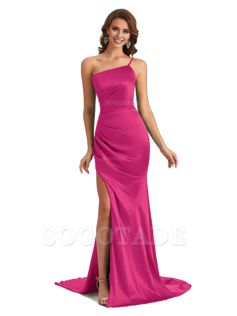 Sexy Silky Satin Side Slit One Shoulder Unique Long Wedding Guest Maxi Dresses