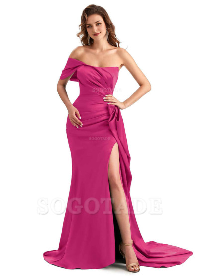 Sexy Side Slit Mermaid Silky Satin One Shoulder Chic Long Maid Of Honor Dresses
