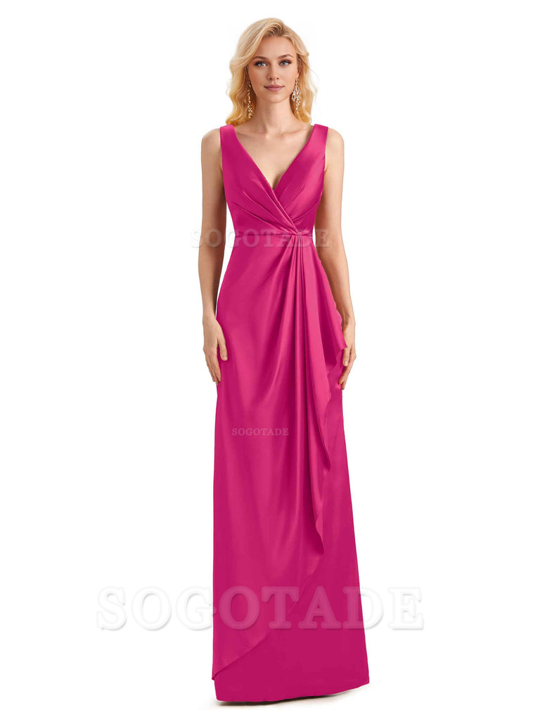 V Neck Elegant Soft Satin Formal Long Maid Bridesmaid Dresses Formal Wear Dresses