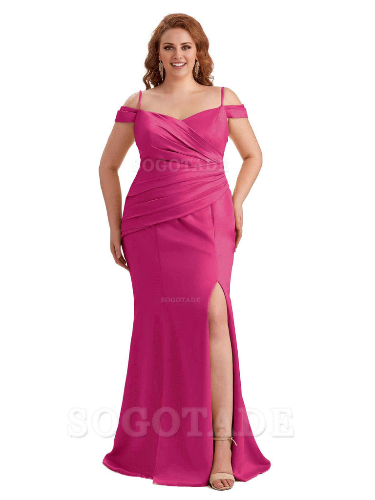 Elegant Cold Shoulder Side Slit Mermaid Soft Satin Long Plus Size Bridesmaid Gowns