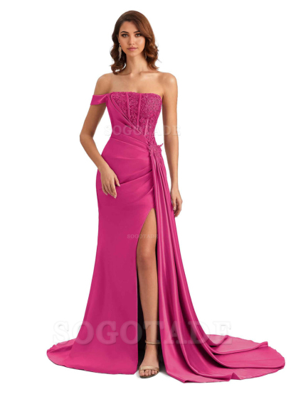 Mermaid Off Shoulder Applique formal dresses evening gown Bridesmaid Dresses With Side Slit 