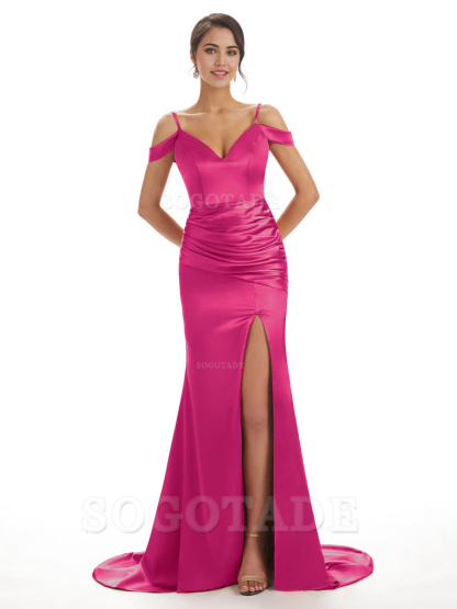 Mermaid Off The Shoulder Satin formal dresses evening gown Bridesmaid Dresses With Side Slit 