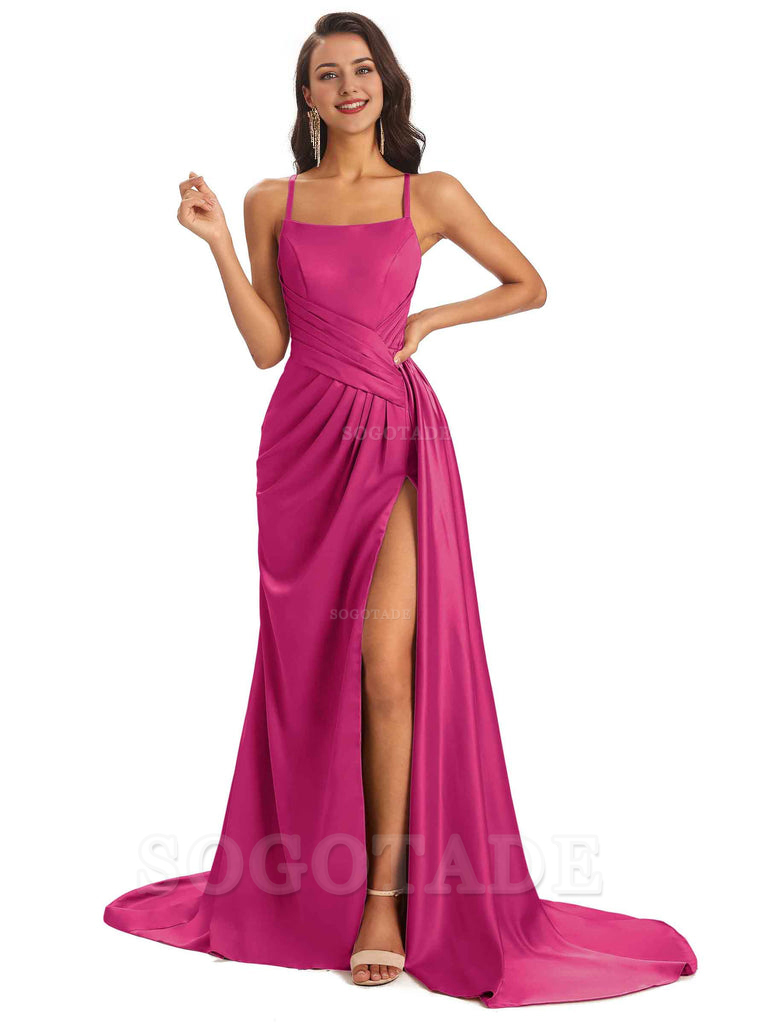 Sexy Soft Satin Side Slit Spaghetti Straps Long Maxi Bridesmaid Dresses prom shop dresses