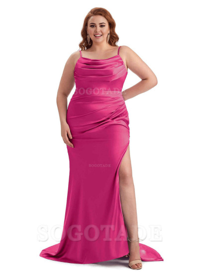 Sexy Jewel Side Slit Mermaid Soft Satin Long Plus Size Bridesmaid Dress For Wedding