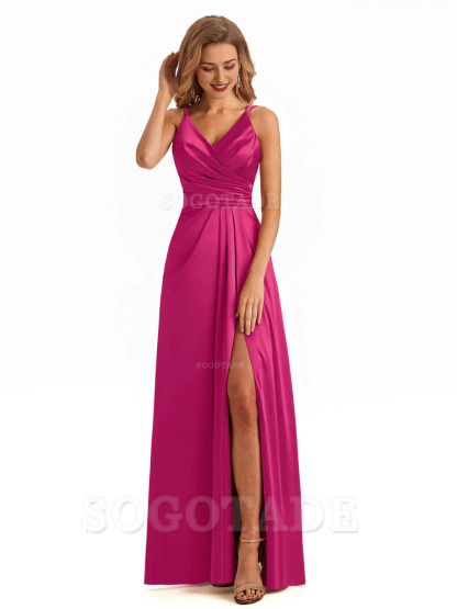 Soft Satin A-Line Spaghetti Straps V Neck Side Slit Maxi Long Bridesmaid Dresses