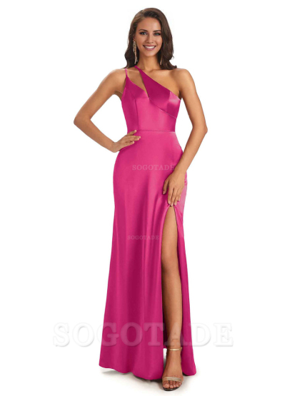 Sexy Soft Satin Side Slit One Shoulder Floor-Length Mermaid Long Bridesmaid Dresses Elegant Evening Party Dress