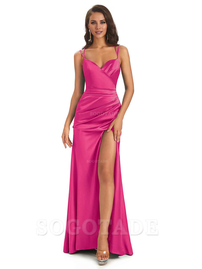 Sexy Soft Satin Side Slit Spaghetti Straps Long Maxi Mermaid Bridesmaid Dresses Elegant Evening Party Dress