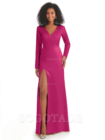 Soft Satin Side Slit Long Sleeves V-Neck Long African Mermaid Bridesmaid Dresses Elegant Evening Party Dress