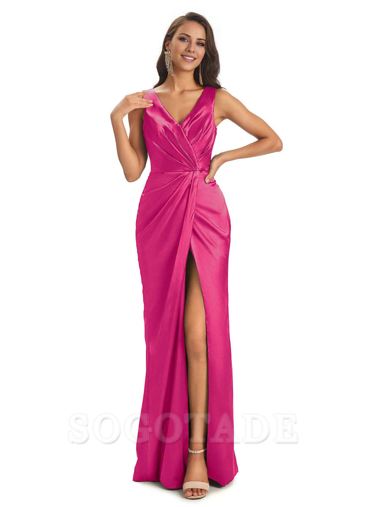 V-Neck Unique Long Satin Bridesmaid Dresses with Front Slit