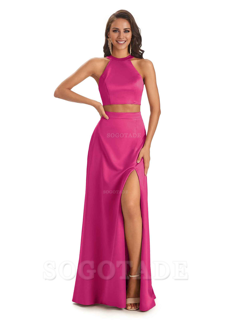 Soft Satin Two-Pieces Halter Side Slit Sexy Fashion Bridesmaid Dresses Charming Evening Party Dress