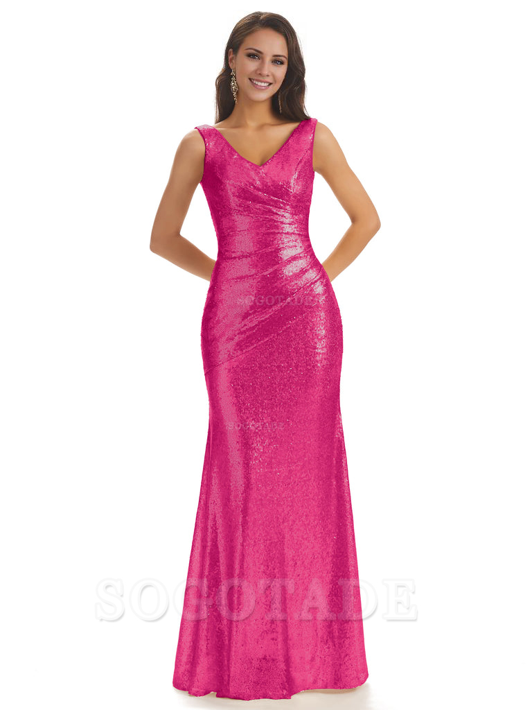 Sexy Sequin V-Neck Sparkly Long Mermaid Bridesmaid Dresses Charming Evening Party Dress