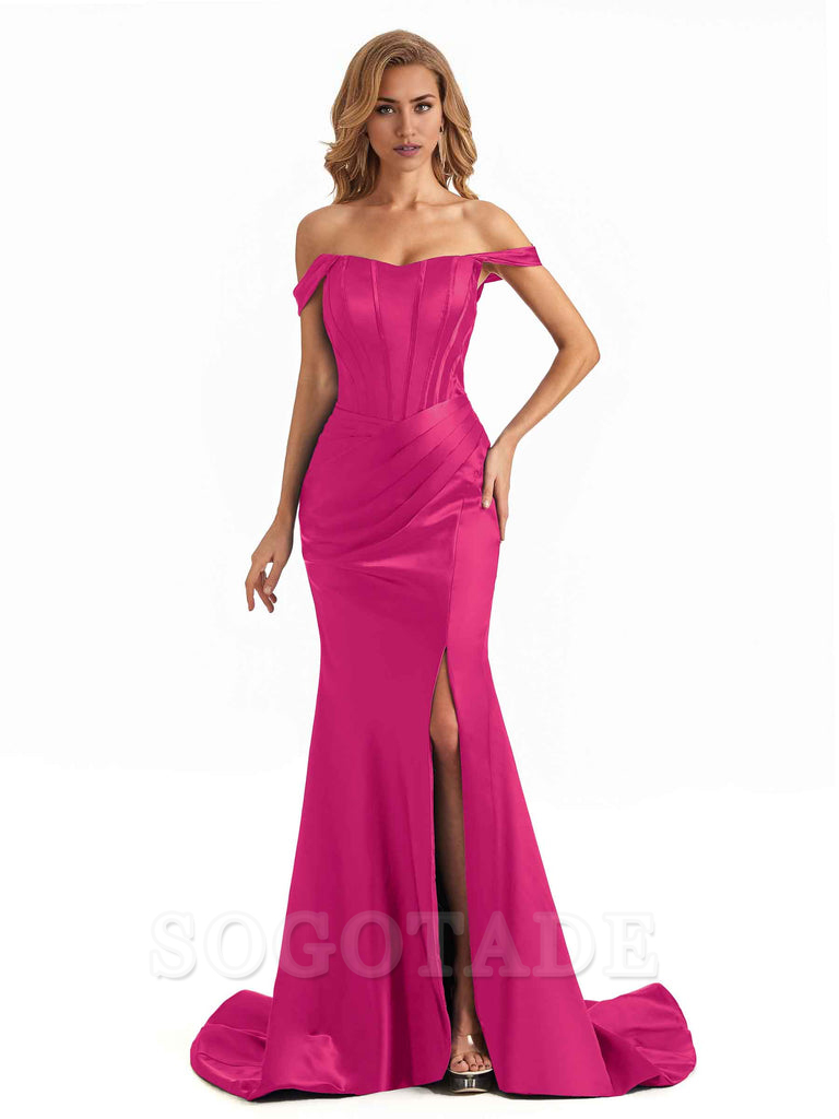 Sexy Long Mermaid Bridesmaid Dresses Off The Shoulder with Side Slit Satin Elegant Evening Party Dress 