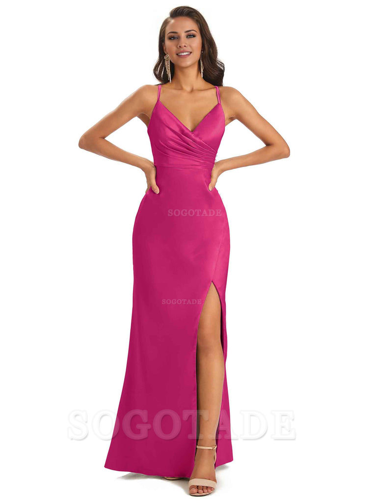 Soft Satin Side Slit Spaghetti Straps Long Unique Mermaid Bridesmaid Dresses Elegant Evening Party Dress