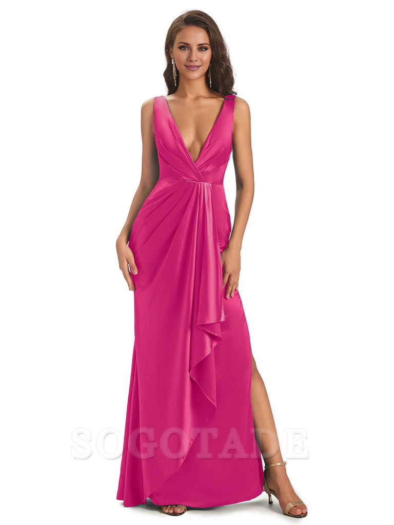 Sexy Satin V-Neck Floor-Length Long Bridesmaid Dresses with Side Slit Elegant Evening Party Dress
