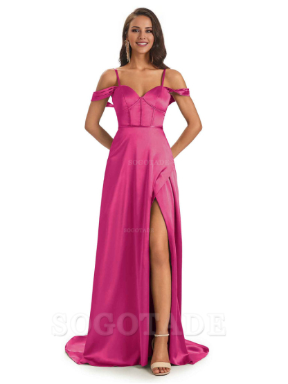 Stylish Soft Satin Side Slit Spaghetti Straps Bridesmaid Dresses Elegant Evening Party Dress