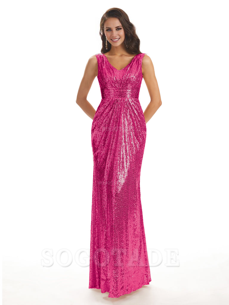 Sparkly V-Neck Sequin Long Mermaid Bridesmaid Dresses Sleeveless Charming Evening Party Dress