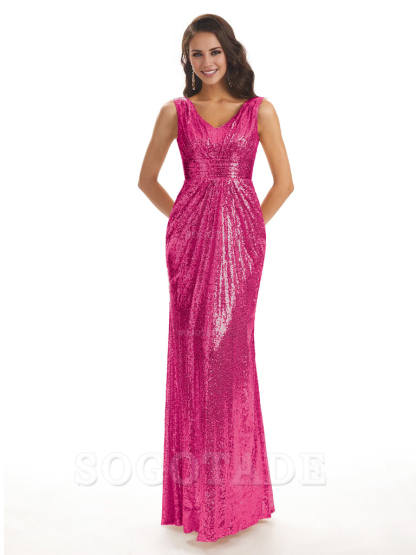 Sparkly V-Neck Sequin Long Mermaid Bridesmaid Dresses Sleeveless Charming Evening Party Dress