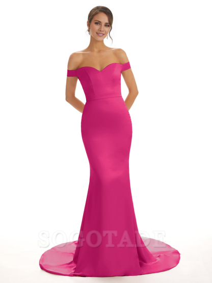 Elegant Off The Shoulder Satin Long Mermaid Bridesmaid Dresses