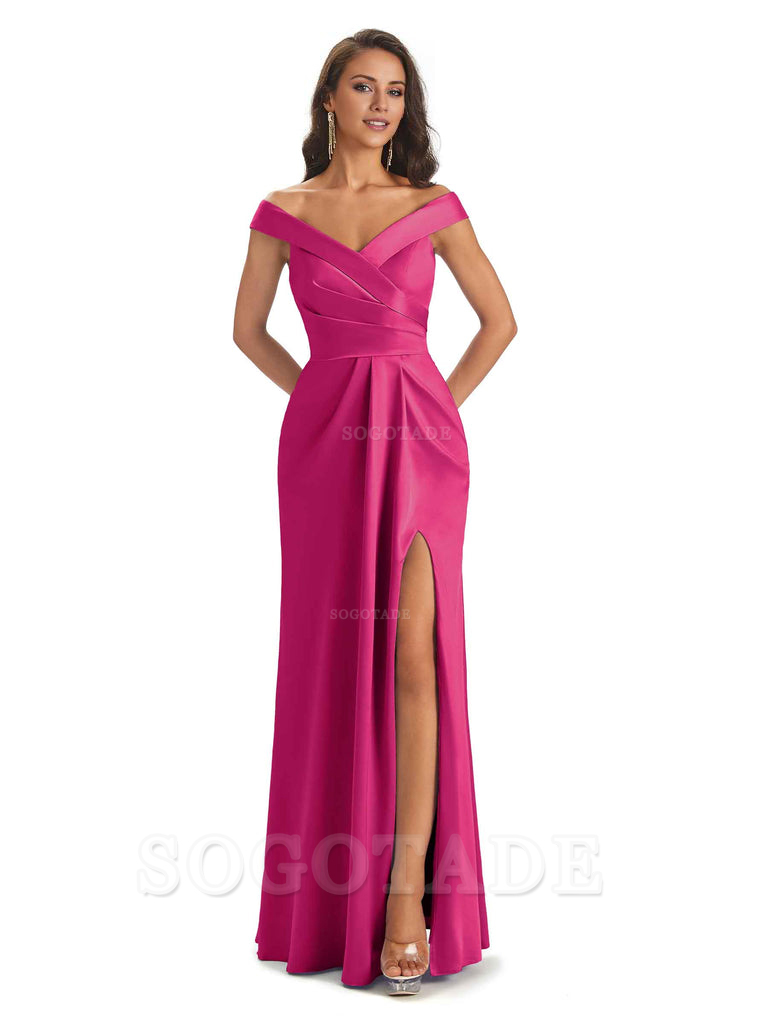 Sexy Soft Side Slit Off Shoulder V-Neck Long Satin Ladies Bridesmaid Dresses Elegant Evening Party Dress