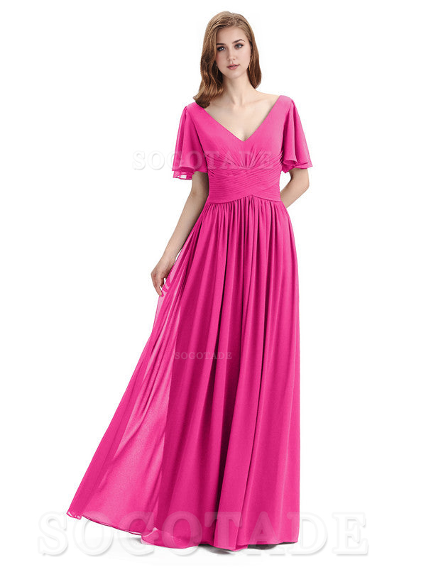 A-Line Chiffon Short Sleeves Elegant Floor-Length Bridesmaid Dresses Formal Women's Dresses Wedding Guests Dresses
