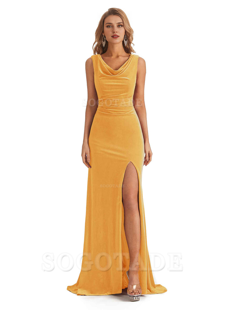 Sexy Mermaid Cowl Velvet Long Open Back Side Fork Bridesmaid Dresses Formal Wear Dresses