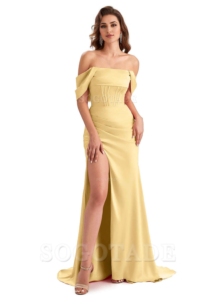 Sexy Side Slit Mermaid Soft Satin Off The Shoulder Unique Long Wedding Attendee Dresses