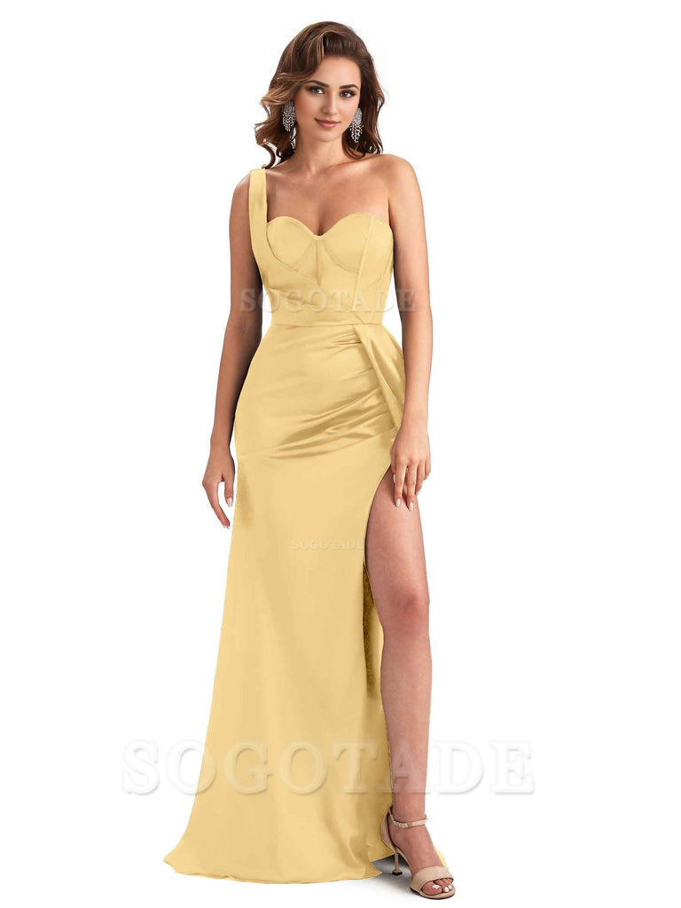 Sexy Mermaid Silky Satin Side Slit One Shoulder Unique Long Wedding Guest Dresses