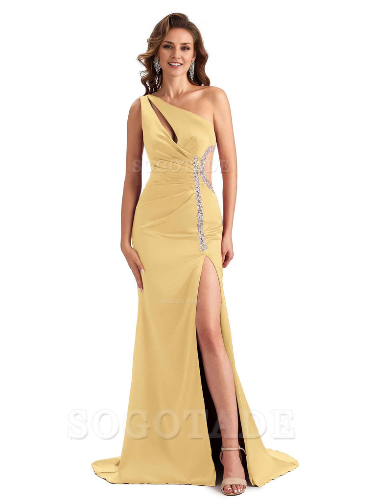 Sexy Side Slit Mermaid Soft Satin One Shoulder Lace Long Bridesmaid Dresses