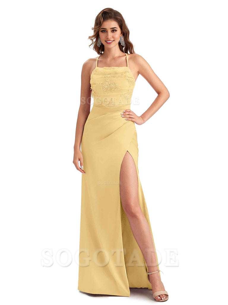 Sexy Side Slit Mermaid Lace Silky Satin Long Wedding Day Guest Dresses