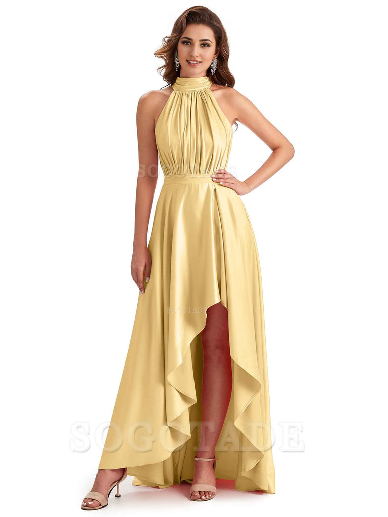 Soft Satin High Neck High Low A-Line Unique Bridesmaid Dresses Online