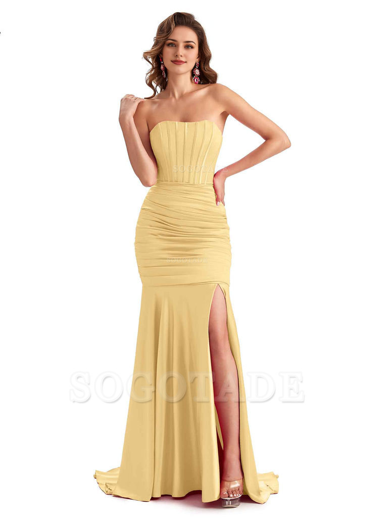 Sexy Strapless Side Slit Mermaid Silky Satin Formal Bridesmaid Dresses
