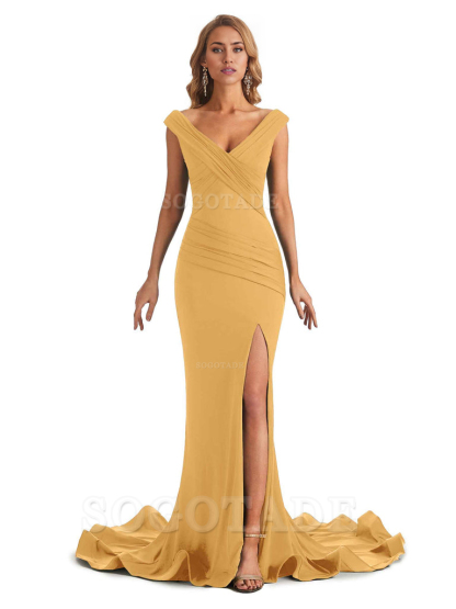 Sexy Mermaid V-Neck Off The Shoulder Side Fork Long Fashion Bridesmaid Dresses Formal Women's Dresses Wedding Guests Dresses