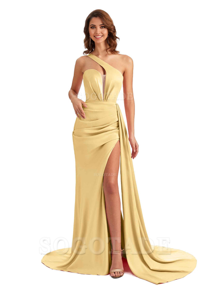 Mermaid One Shoulder Satin formal dresses evening gown Bridesmaid Dresses With Side Slit