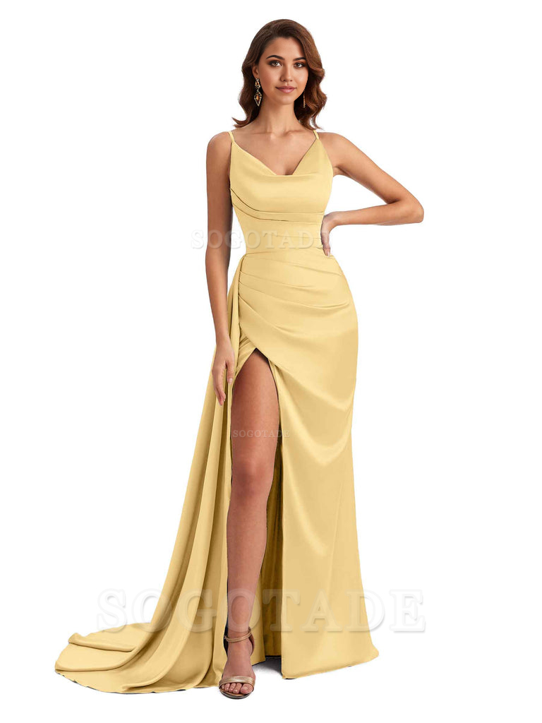 Mermaid Cowl Spaghetti Satin formal dresses evening gown Bridesmaid Dresses With Side Slit