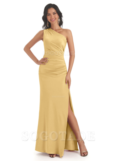Mermaid One Shoulder Satin formal dresses evening gown Bridesmaid Dresses With Side Slit 