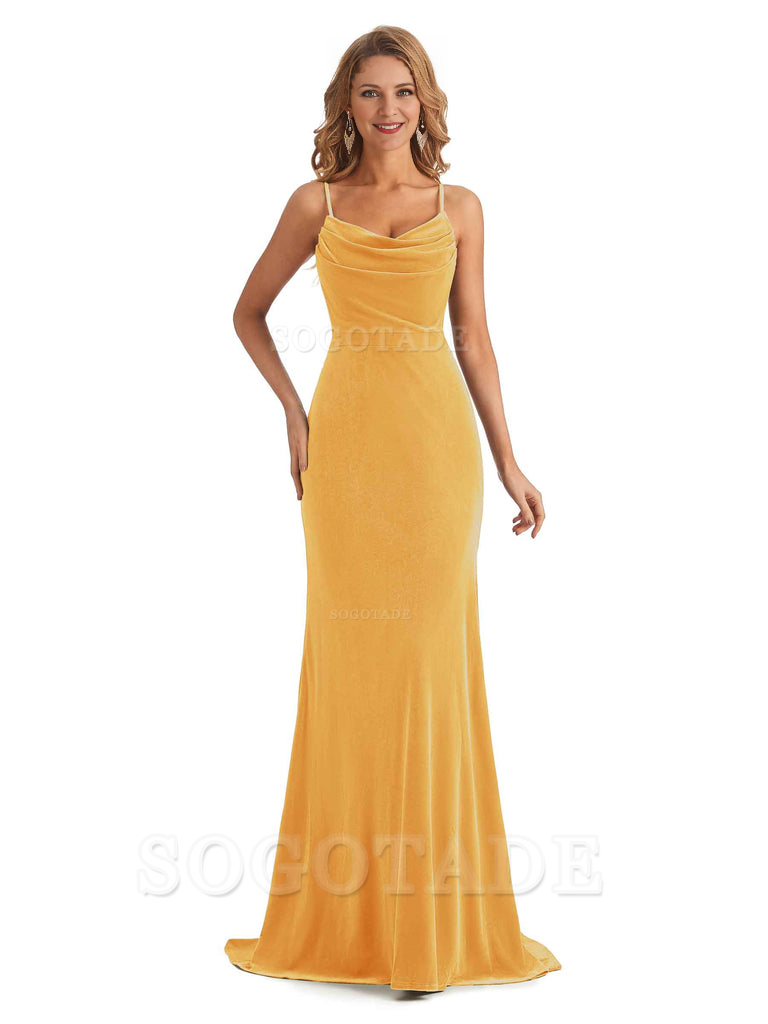 Elegant High Quality Mermaid Spaghetti Straps Cowl Velvet Side Slit Long Exquisite Bridesmaid Dresses Formal Women's Dresses Wedding Guests Dresses