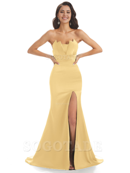 Mermaid sleeveless Satin formal dresses evening gown Bridesmaid Dresses With Side Slit 