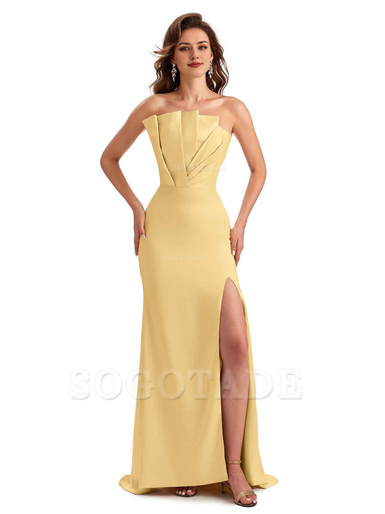Unique Soft Satin Side Slit Asymmetrical Neckline Mermaid Long Bridesmaid Dresses