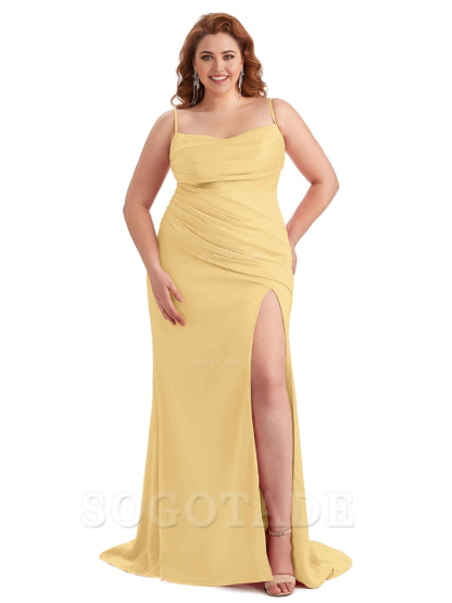Sexy Side Slit Spaghetti Straps Mermaid Soft Satin Long Plus Size Bridesmaid Dress For Wedding