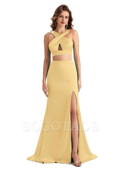 Sexy Side Slit Mermaid Silky Satin Halter Two Pieces Unique Long Bridesmaid Dresses