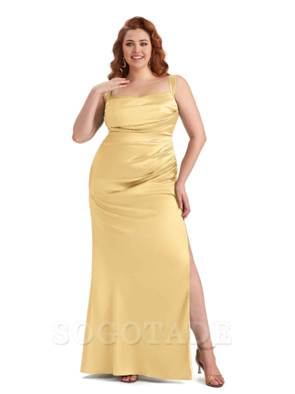 Sexy Side Slit Mermaid Wide Straps Soft Satin Long Plus Size Maid of Bridesmaid Dresses