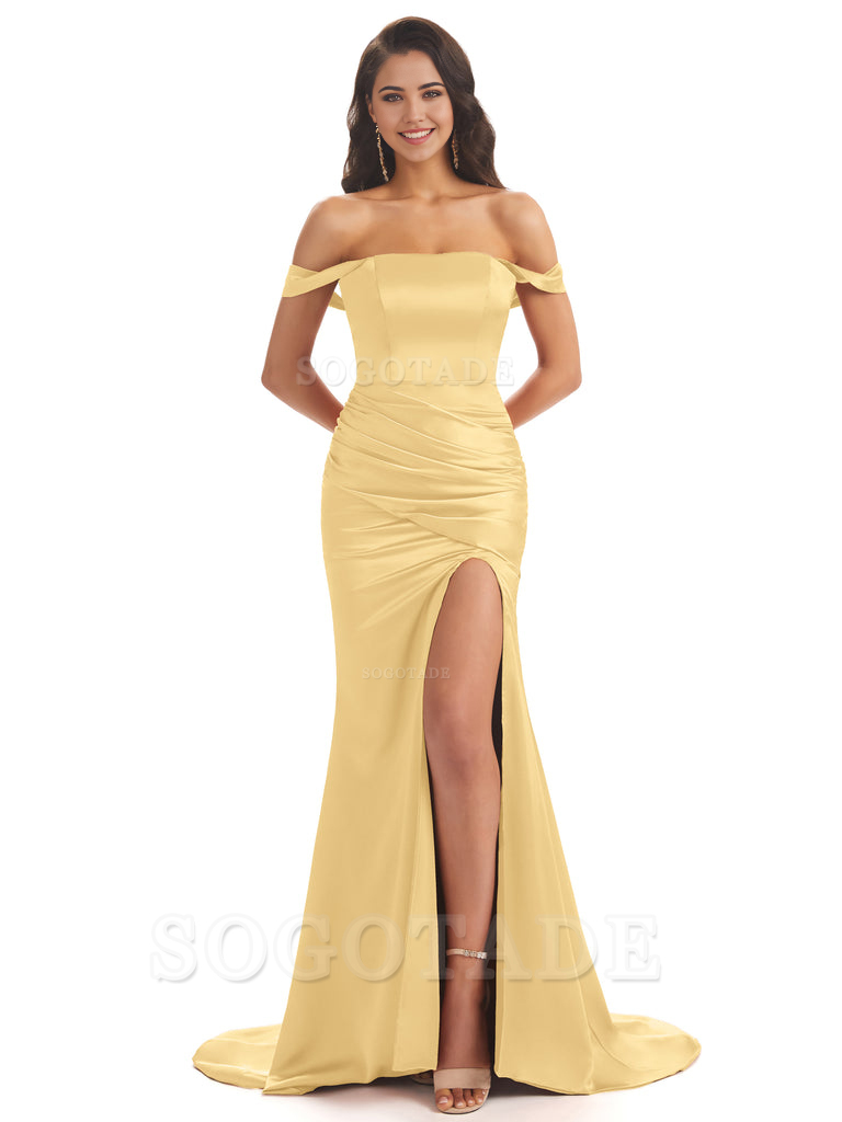 Mermaid Off Shoulder Floor-Length Satin formal dresses evening gown Bridesmaid Dresses With Side Slit 