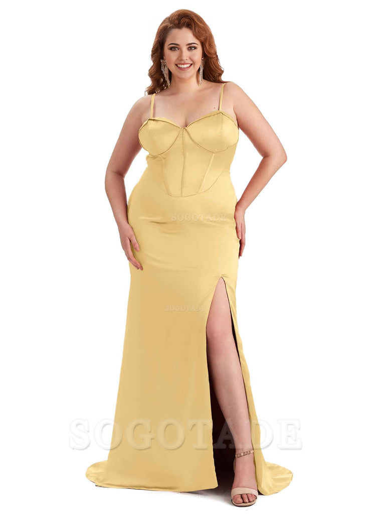 Sexy Spaghetti Straps Side Slit Sleeveless Mermaid Soft Satin Long Bridesmaid Dress Plus Size Dress To Wear to a Wedding