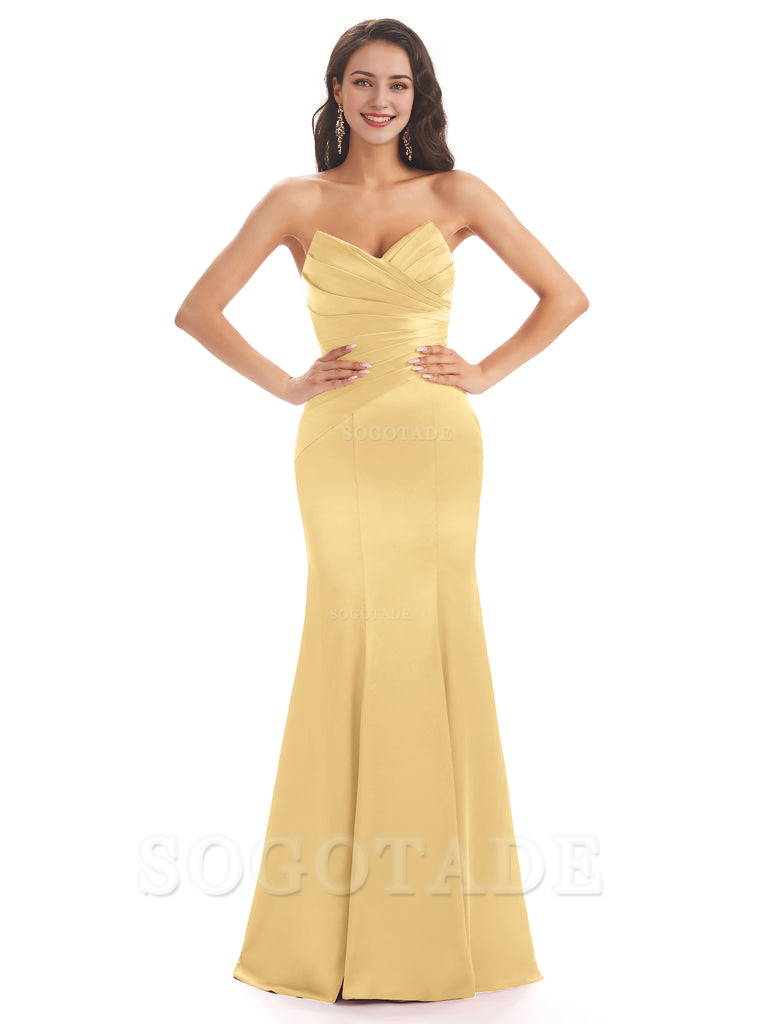 Simple Strapless Sweetheart Soft Satin Mermaid Long Bridesmaid Dresses prom shop dresses