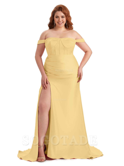 Elegant Off The Shoulder Side Slit Mermaid Soft Satin Floor Length Long Plus Size Bridesmaid Gowns