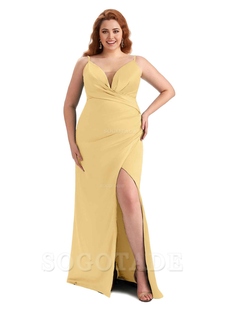 Sexy Side Slit Spaghetti Straps Sleeveless Mermaid V-neck Soft Satin Long Plus Size Bridesmaid Dress For Wedding