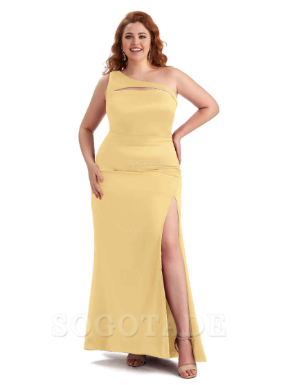 Sexy Mermaid Sleeveless One Shoulder Side Slit Soft Satin Long Plus Size Bridesmaid Dress For Wedding